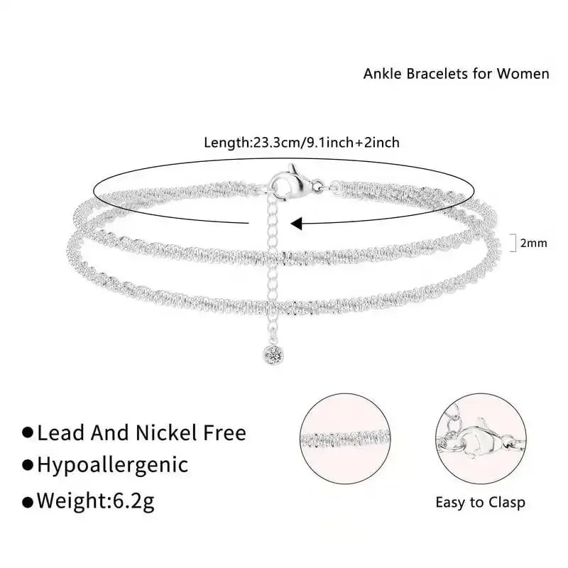 Dainty Layered Anklet – Women’s Stainless Steel Glitter Bracelet, Waterproof Summer Jewelry