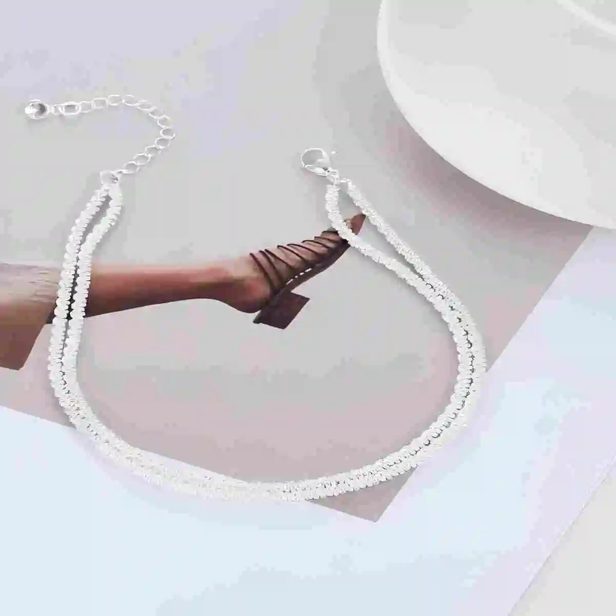 Dainty Layered Anklet – Women’s Stainless Steel Glitter Bracelet, Waterproof Summer Jewelry