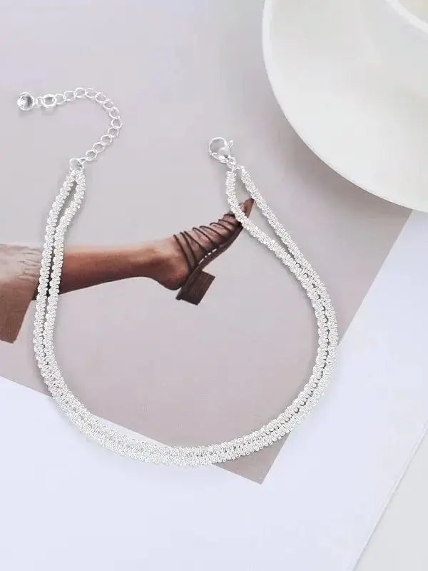 Dainty Layered Anklet – Women’s Stainless Steel Glitter Bracelet, Waterproof Summer Jewelry
