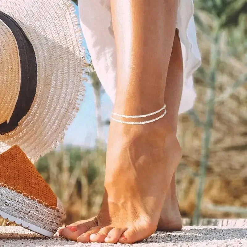 Dainty Layered Anklet – Women’s Stainless Steel Glitter Bracelet, Waterproof Summer Jewelry