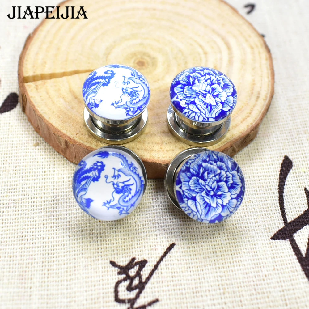 Blue & White Porcelain Ear Tunnels & Plugs – Stainless Steel Expander Jewelry
