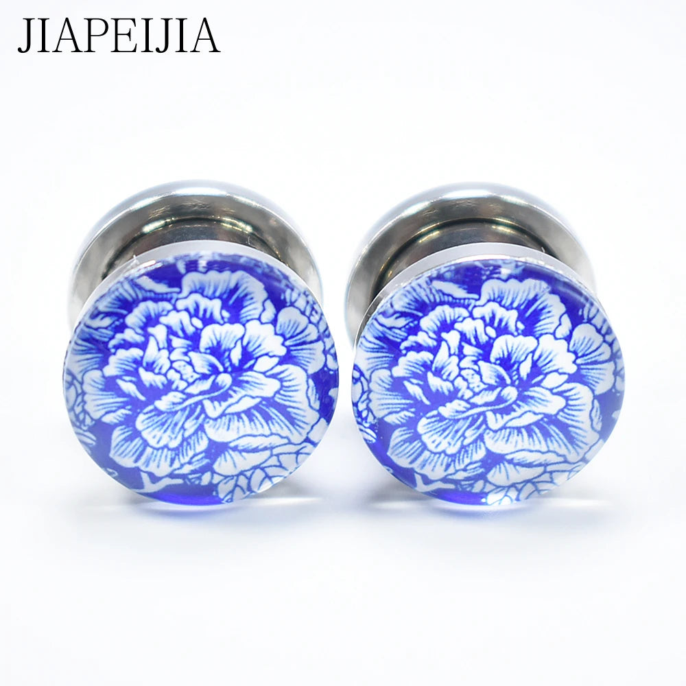 Blue & White Porcelain Ear Tunnels & Plugs – Stainless Steel Expander Jewelry