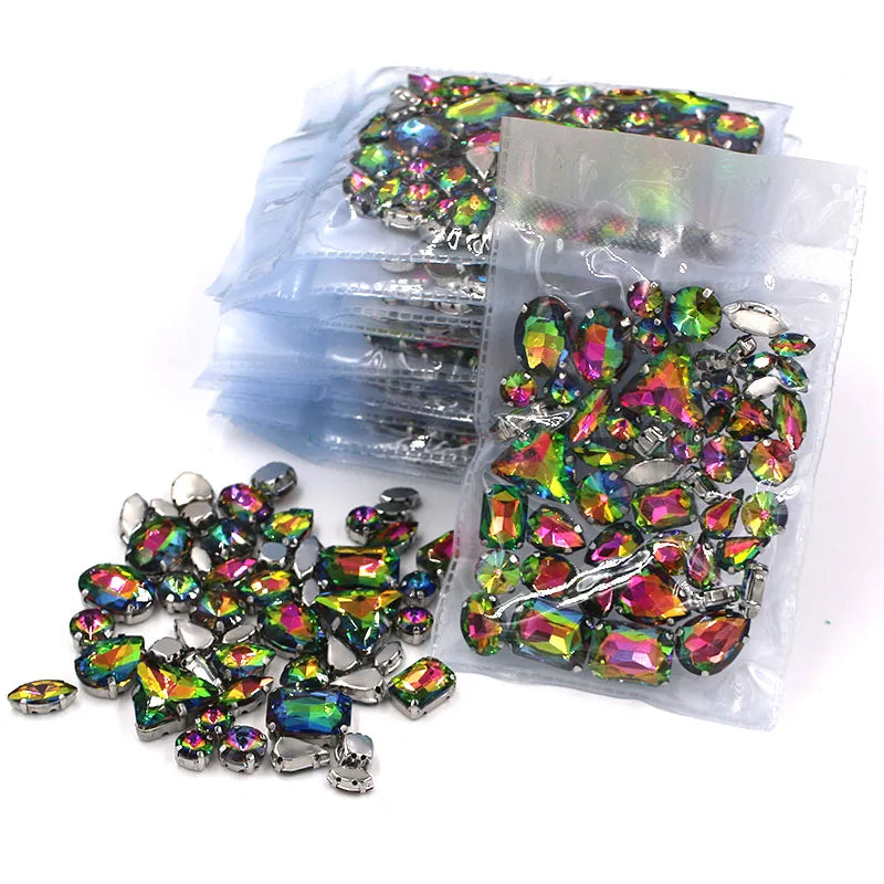 Wholesale Rainbow Glass Rhinestones – 5 Bags Mixed Shapes (Sew-On)