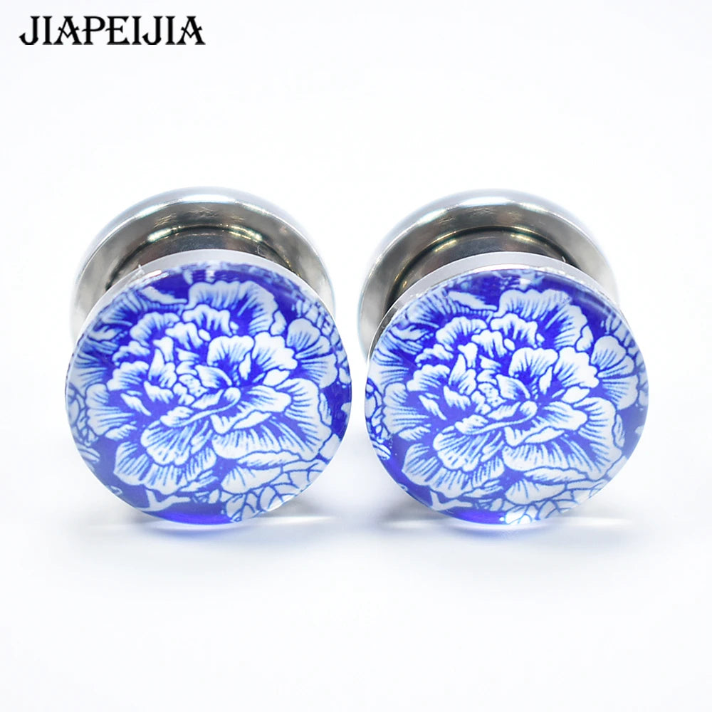 Blue & White Porcelain Ear Tunnels & Plugs – Stainless Steel Expander Jewelry
