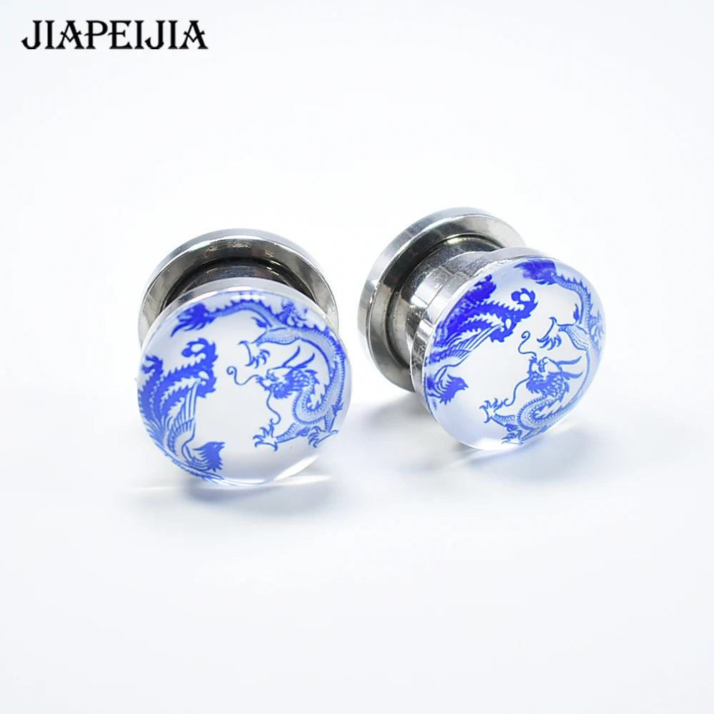 Blue & White Porcelain Ear Tunnels & Plugs – Stainless Steel Expander Jewelry
