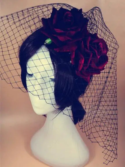Gothic Mini Top Hat Hair Clip – Red Rose Veil Lolita Accessory