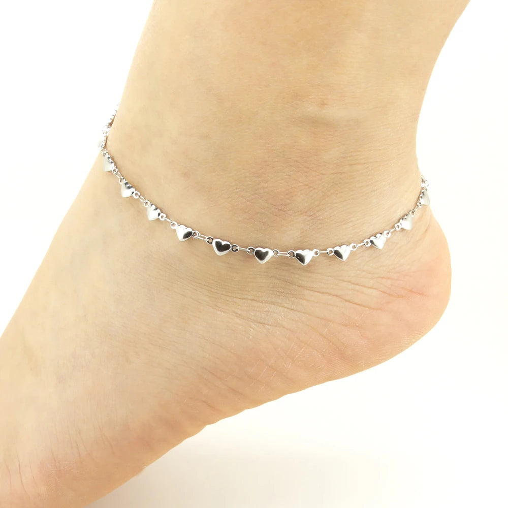 Women’s Gold Stainless Steel Anklet – Heart Charm Barefoot Sandals Jewelry (9/10/11 Inches)