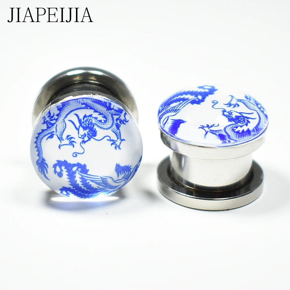 Blue & White Porcelain Ear Tunnels & Plugs – Stainless Steel Expander Jewelry
