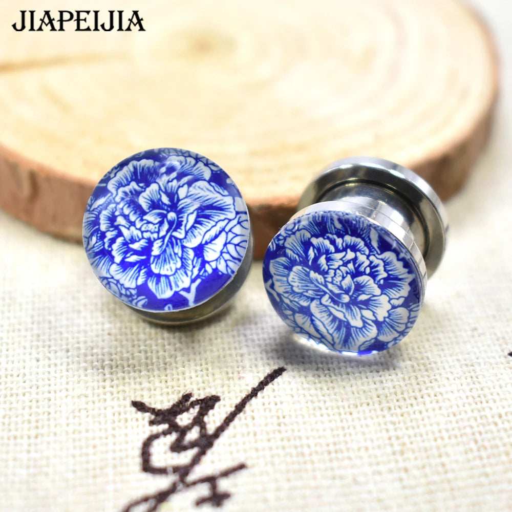 Blue & White Porcelain Ear Tunnels & Plugs – Stainless Steel Expander Jewelry