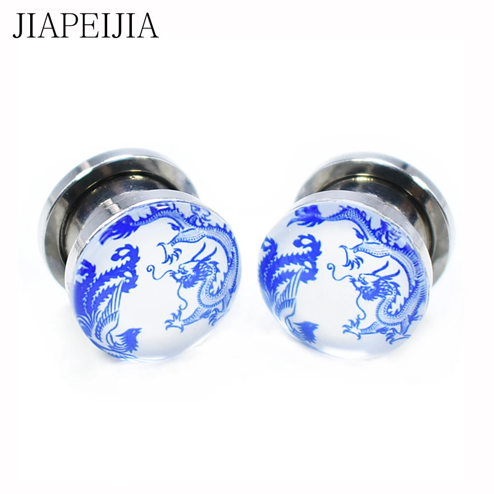 Blue & White Porcelain Ear Tunnels & Plugs – Stainless Steel Expander Jewelry