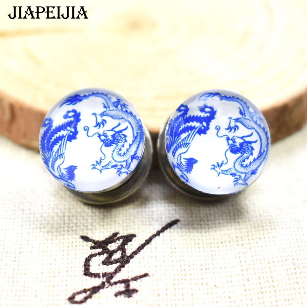 Blue & White Porcelain Ear Tunnels & Plugs – Stainless Steel Expander Jewelry