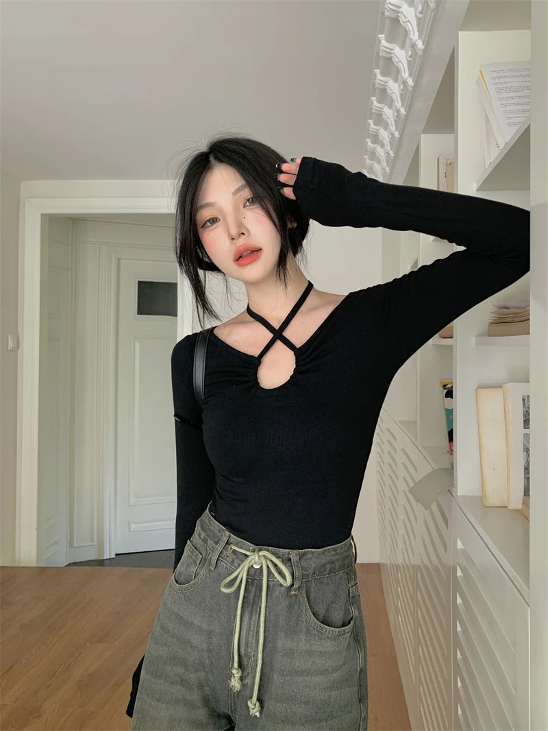 Y2K Halter Bandage V-Neck Long Sleeve Top – Korean Streetwear Style