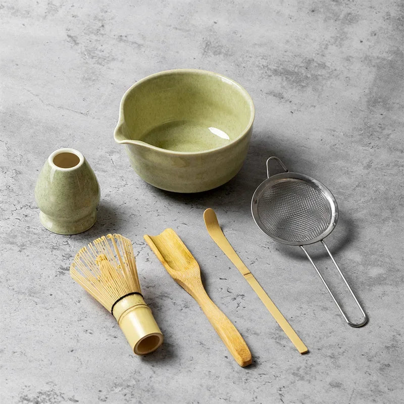 4/5/6PCS Traditional Matcha Tea Set – Bamboo Whisk, Teaspoon, Ceramic Bowl, and Accessories