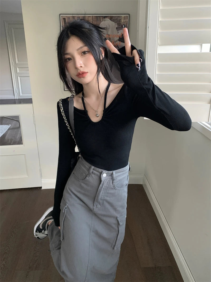 Y2K Halter Bandage V-Neck Long Sleeve Top – Korean Streetwear Style