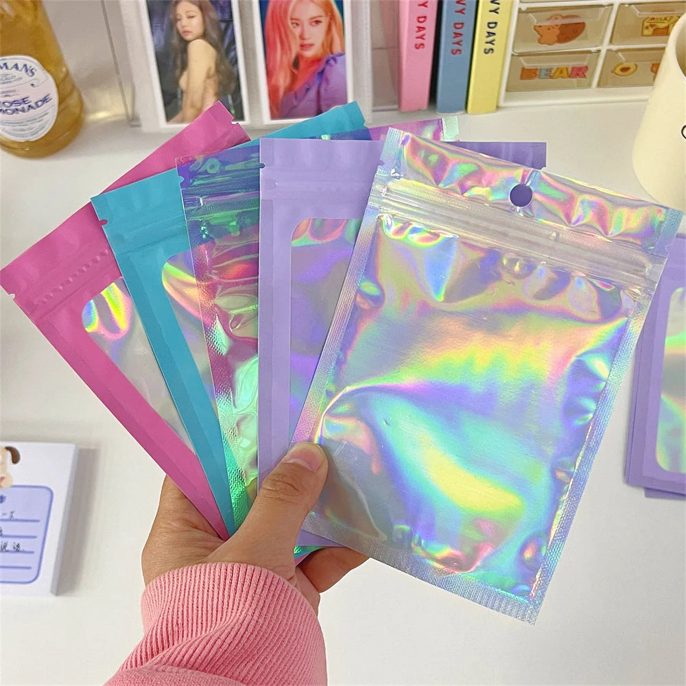 10pcs Holographic Smell-Proof Mylar Bags – Resealable Ziplock Pouches