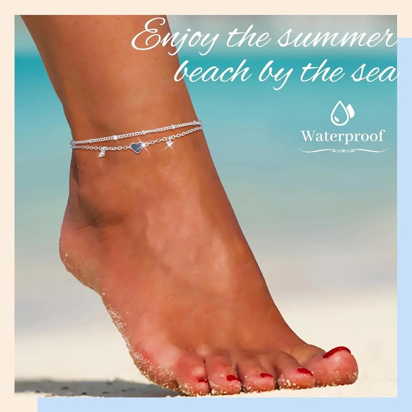 Women’s Layered Heart Anklet – 925 Silver-Plated, Waterproof Design