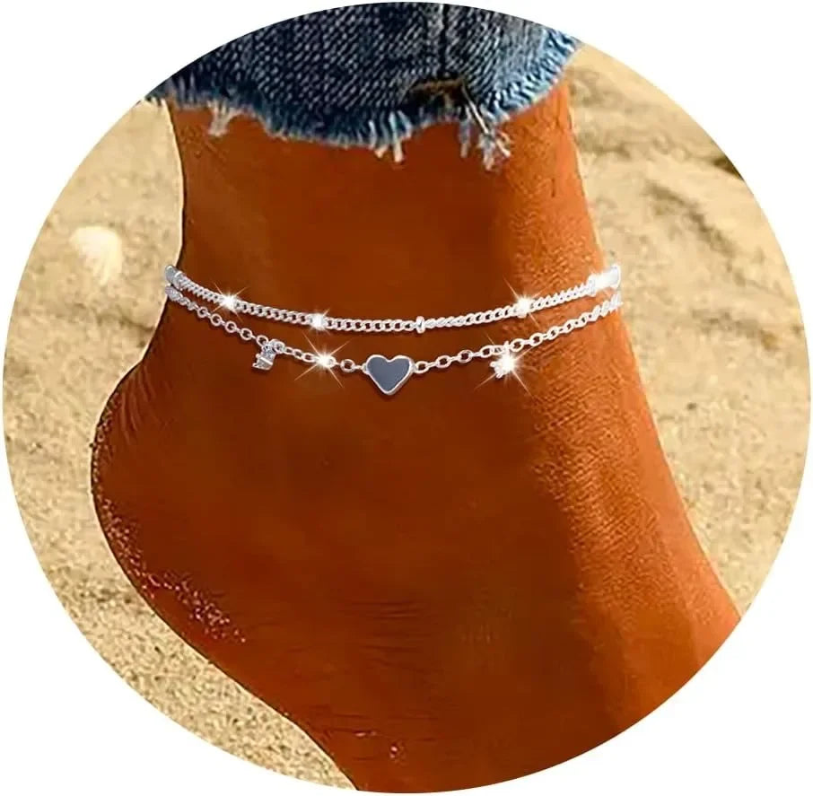 Women’s Layered Heart Anklet – 925 Silver-Plated, Waterproof Design