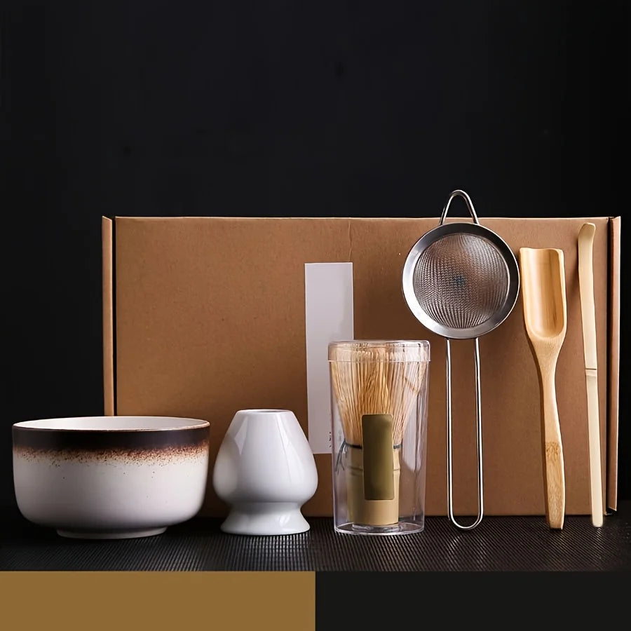 6PCS Japanese-Style Matcha Tea Set – Bowl, Spoon, Whisk, Sieve, and Accessories