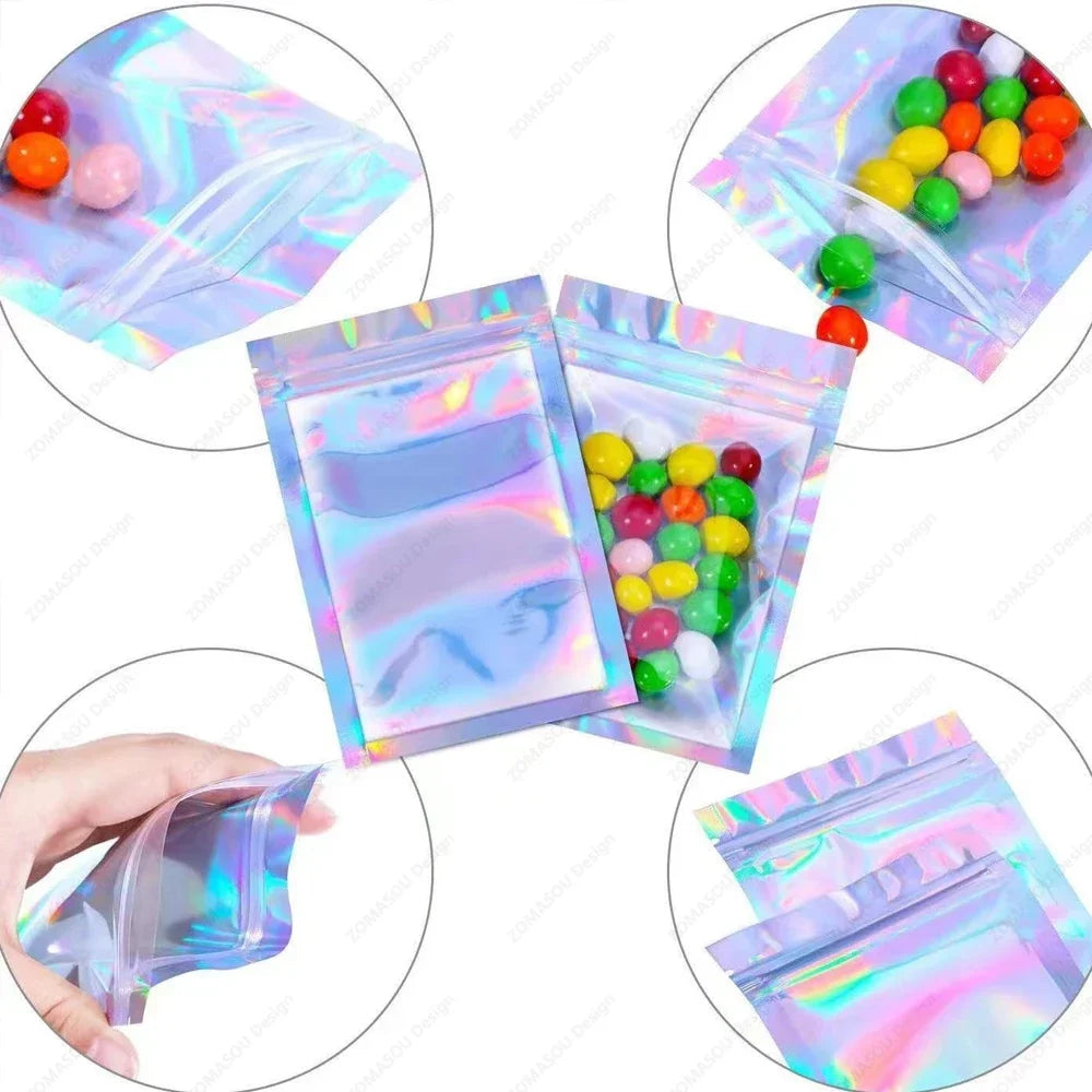 Holographic Resealable Laser Bags – Multi-Size Storage Pouches