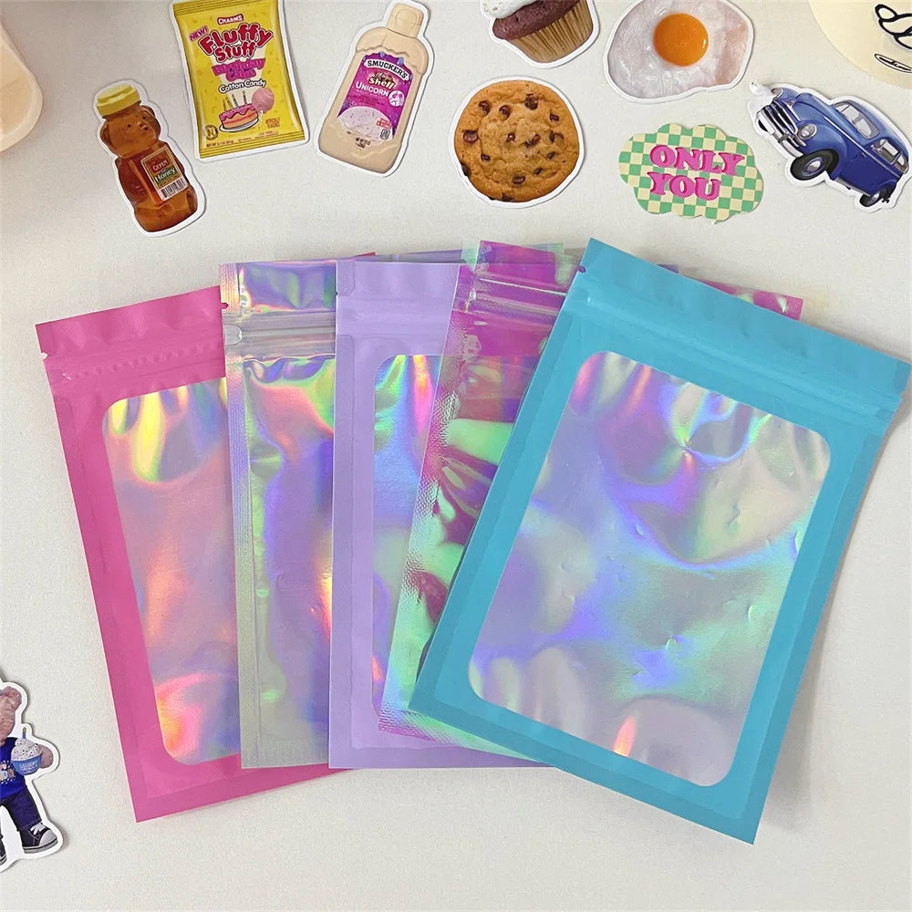 10pcs Holographic Smell-Proof Mylar Bags – Resealable Ziplock Pouches