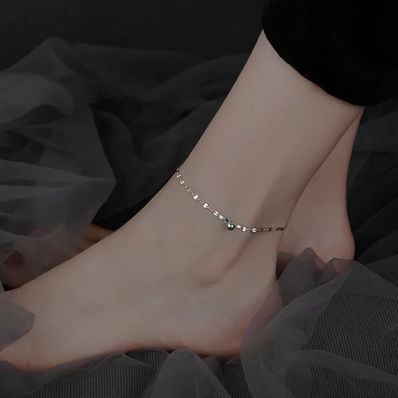 Minimalist Silver Bead Anklet – Women’s Summer Beach Flat Chain Bracelet