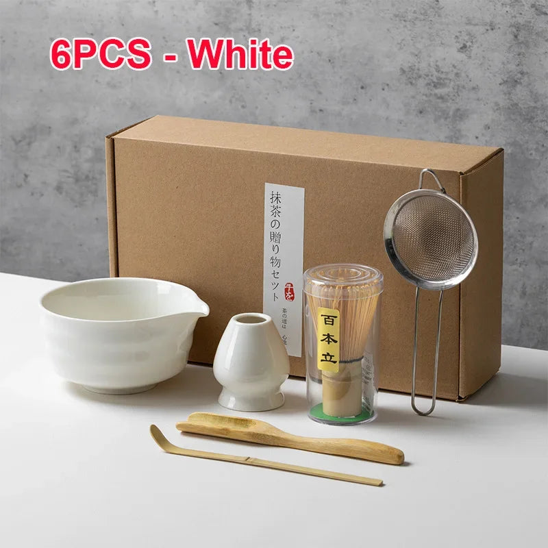 4/5/6PCS Traditional Matcha Tea Set – Bamboo Whisk, Teaspoon, Ceramic Bowl, and Accessories