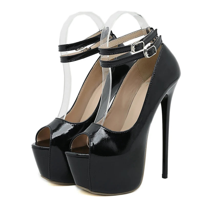Double Buckle Platform Peep Toe High Heels