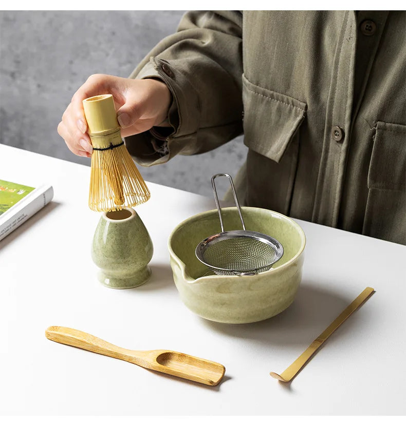 4/5/6PCS Traditional Matcha Tea Set – Bamboo Whisk, Teaspoon, Ceramic Bowl, and Accessories
