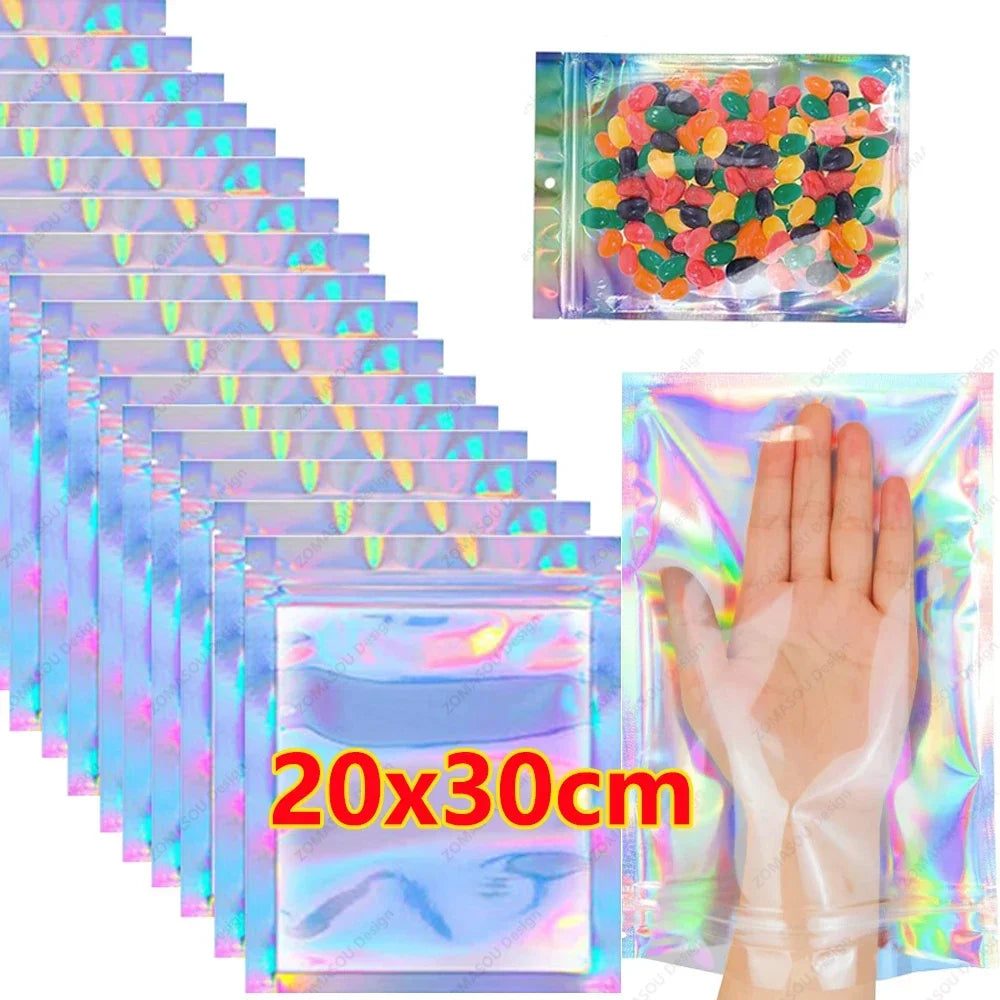 Holographic Resealable Laser Bags – Multi-Size Storage Pouches