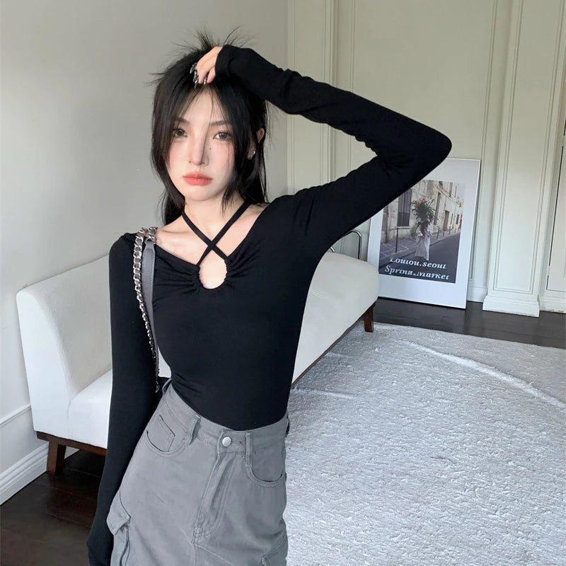 Y2K Halter Bandage V-Neck Long Sleeve Top – Korean Streetwear Style