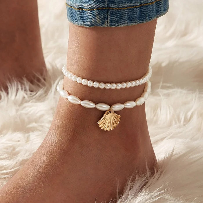 5-Piece Bohemian Pendant Anklet Set – Butterfly, Star, Heart & Pearl Accents