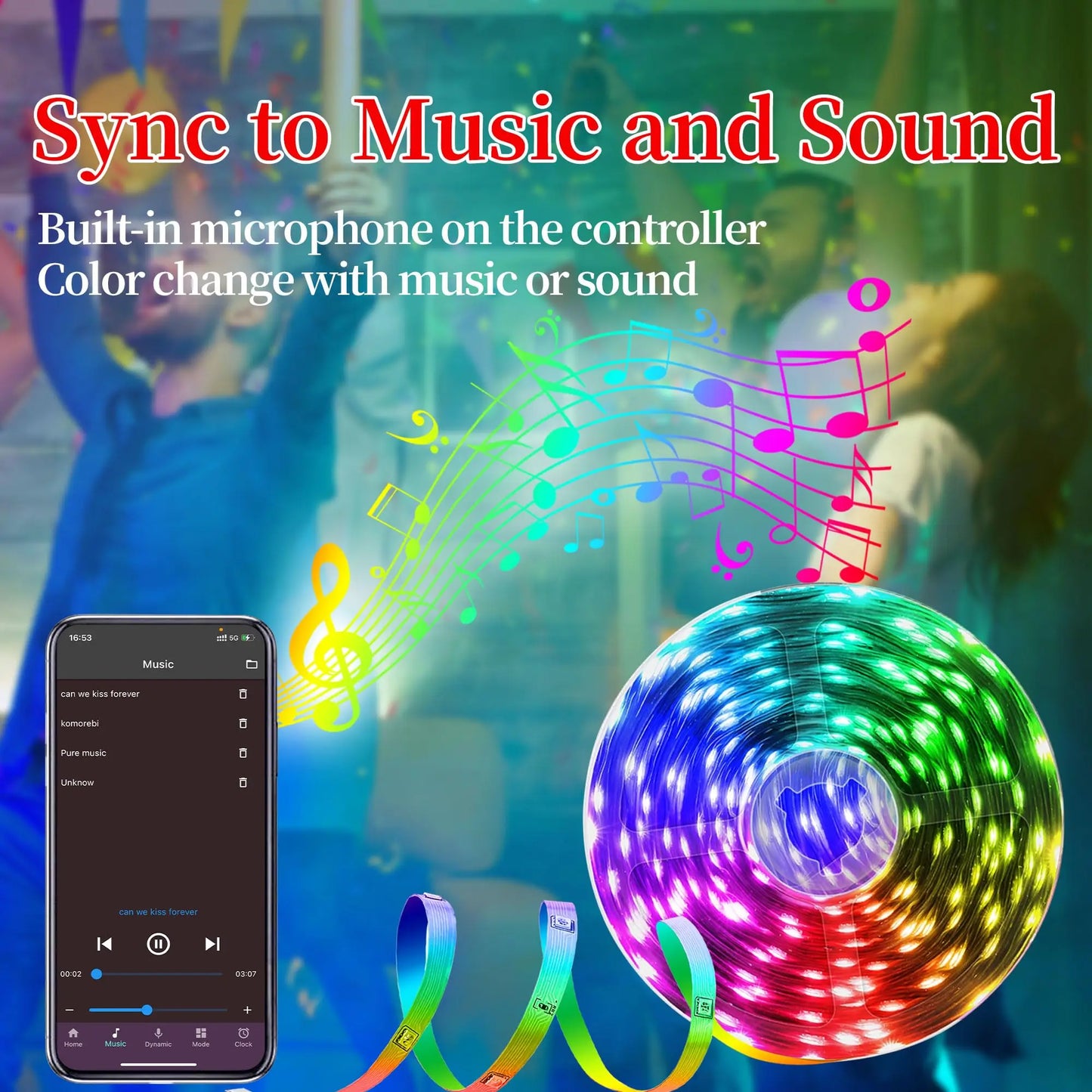 RGB LED Strip Lights – Music Sync Rope Lights with Remote & App Control (16ft–196ft)