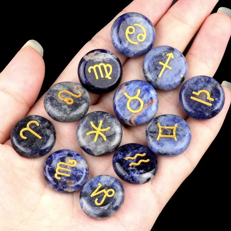 12-Piece Mini Chakra Stones Set – Natural Amethyst, Quartz & Semi-Precious Crystals with Zodiac Symbols