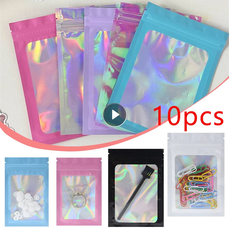 10pcs Holographic Smell-Proof Mylar Bags – Resealable Ziplock Pouches