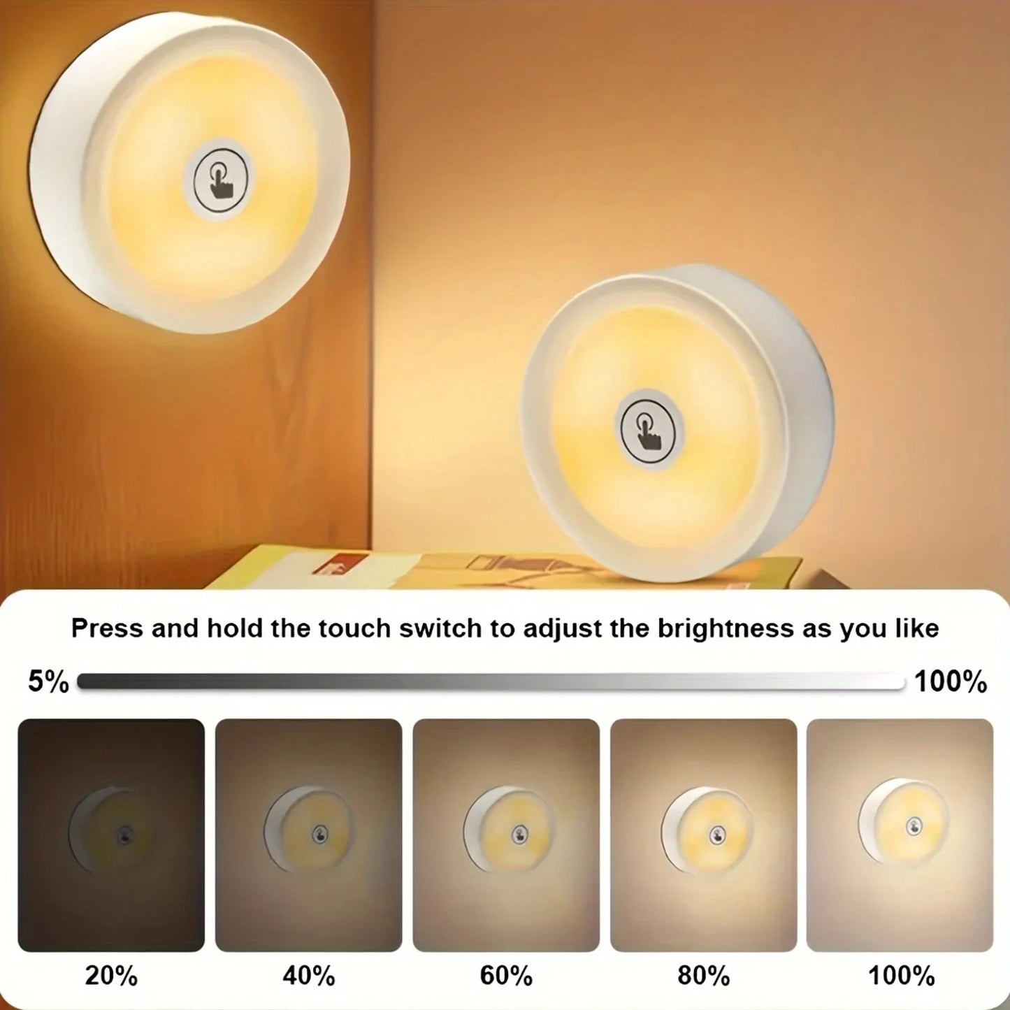 1pc/2pcs LED Touch Night Light – Wireless Stick-On Tap Lamp with 3-Color Dimmable Modes