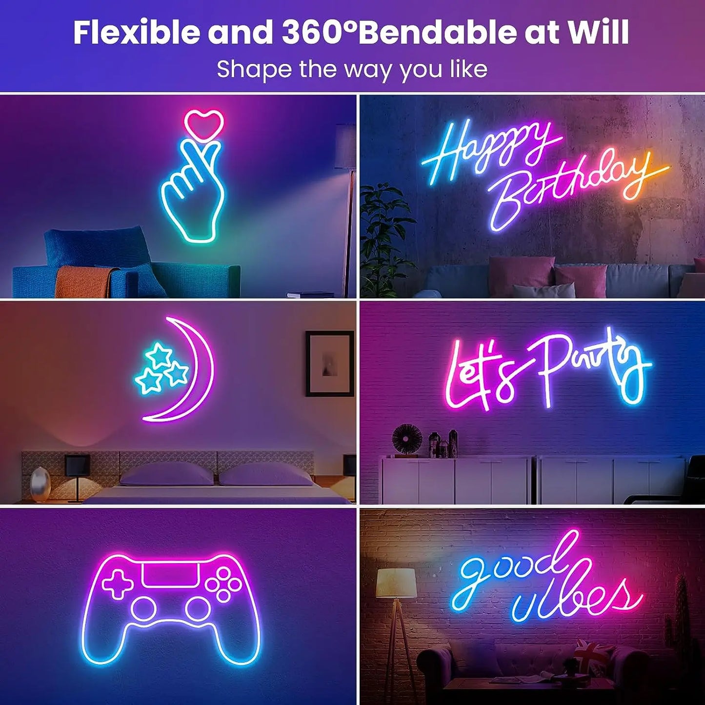 Neon LED Rope Lights – Flexible RGB Strip with Remote & App Control