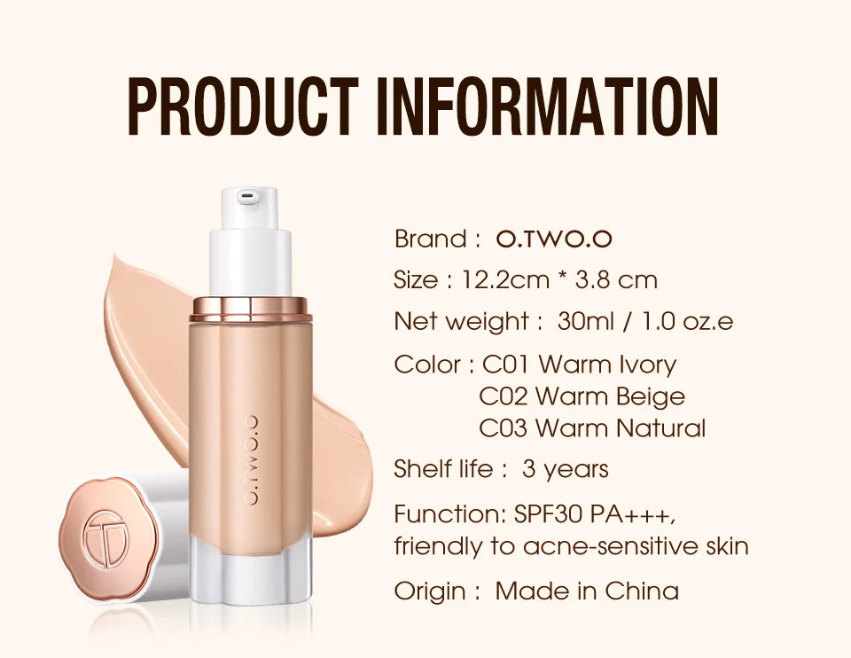 O.TWO.O Liquid Foundation Cream – High Coverage, SPF30 & Waterproof Base (30ml)