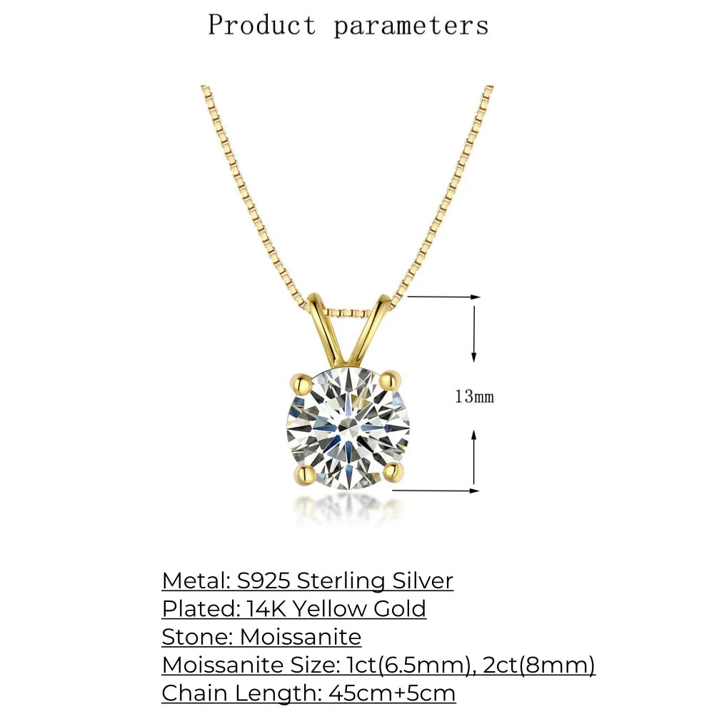 1-2CT Moissanite Pendant Necklace for Women, 14K Gold Plated