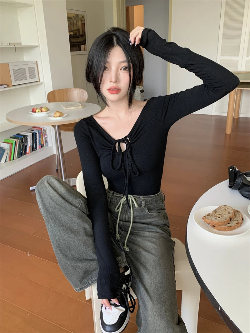 Y2K Halter Bandage V-Neck Long Sleeve Top – Korean Streetwear Style