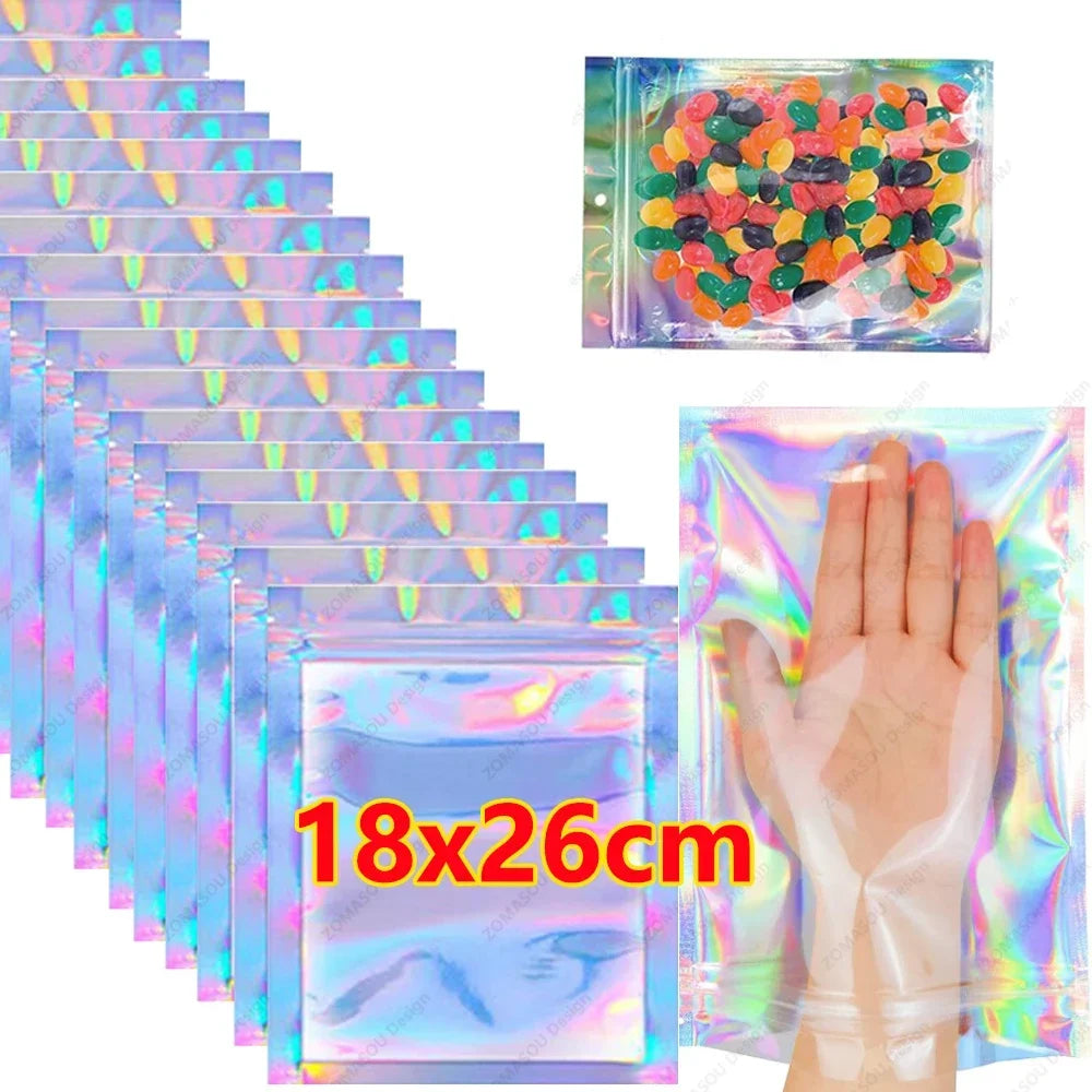 Holographic Resealable Laser Bags – Multi-Size Storage Pouches
