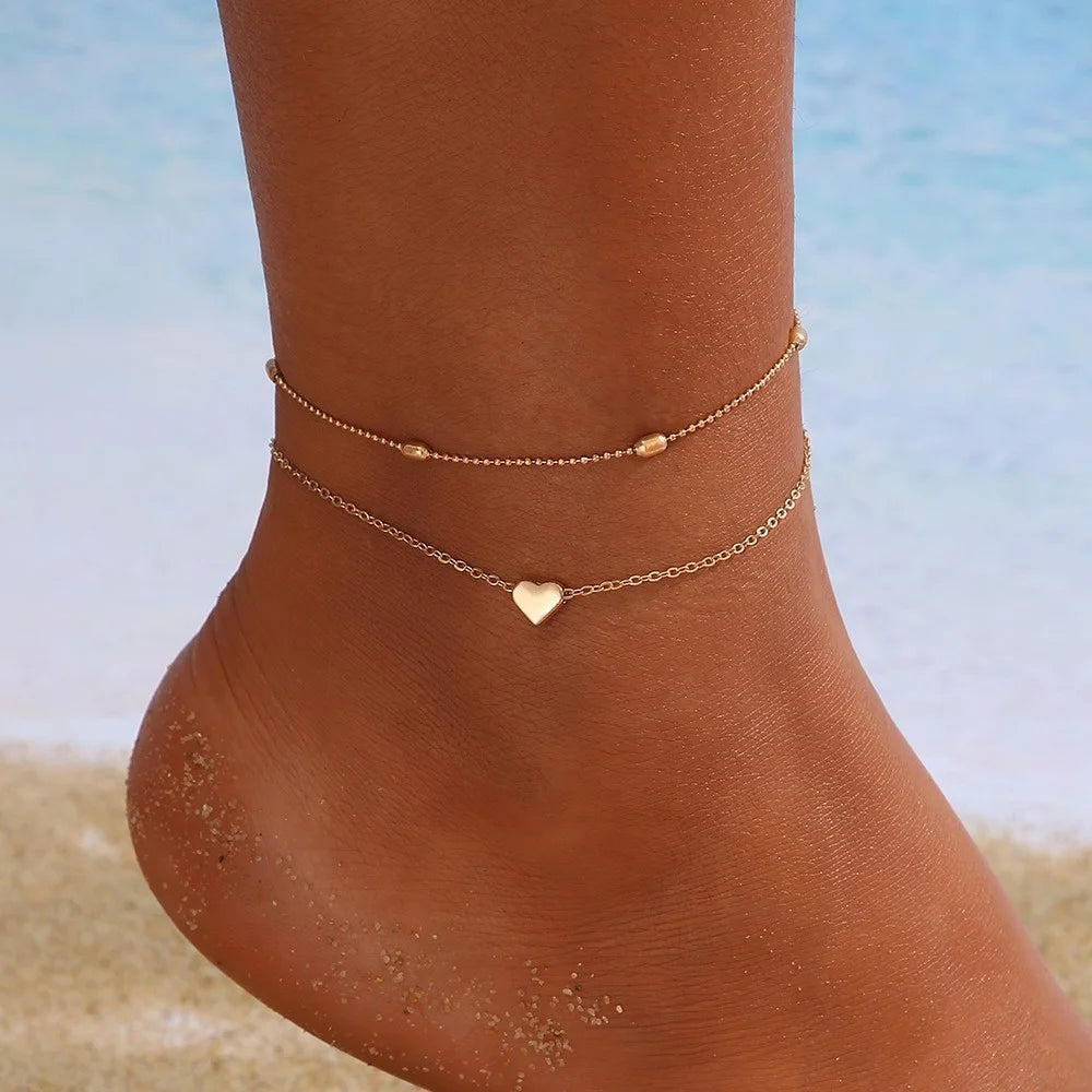 5-Piece Bohemian Pendant Anklet Set – Butterfly, Star, Heart & Pearl Accents