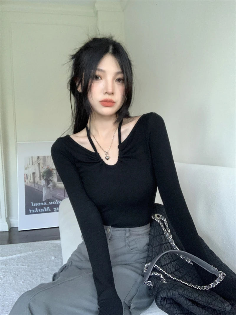 Y2K Halter Bandage V-Neck Long Sleeve Top – Korean Streetwear Style