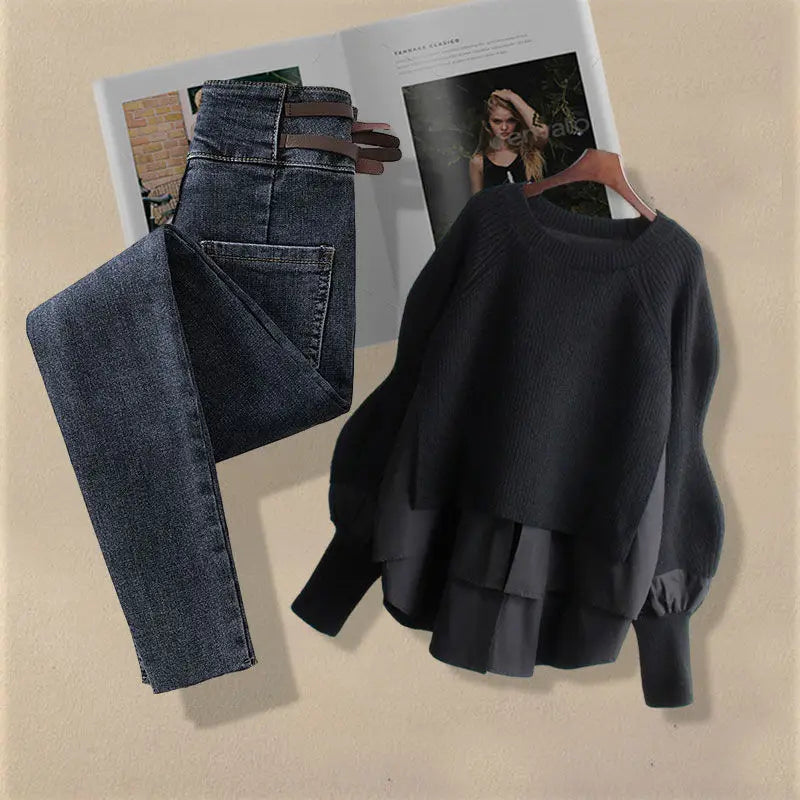 Korean Fashion Two-Piece Set – Fake Layered Shirt Top & Slim Fit Jeans