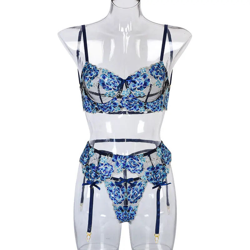 Embroidered Lace Lingerie Set with Garter Belt