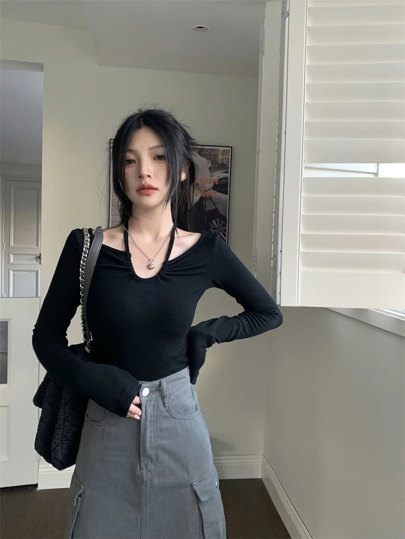 Y2K Halter Bandage V-Neck Long Sleeve Top – Korean Streetwear Style