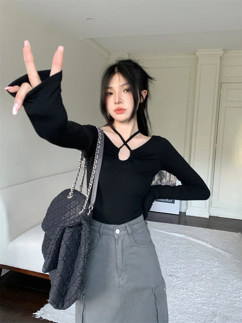 Y2K Halter Bandage V-Neck Long Sleeve Top – Korean Streetwear Style
