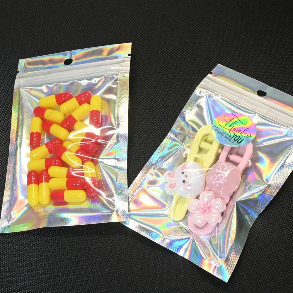 Holographic Resealable Laser Bags – Multi-Size Storage Pouches