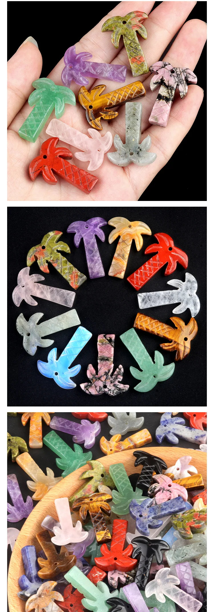Natural Crystal Coconut Tree Statue – Carved Healing Stone Ornament with Pendant Hole