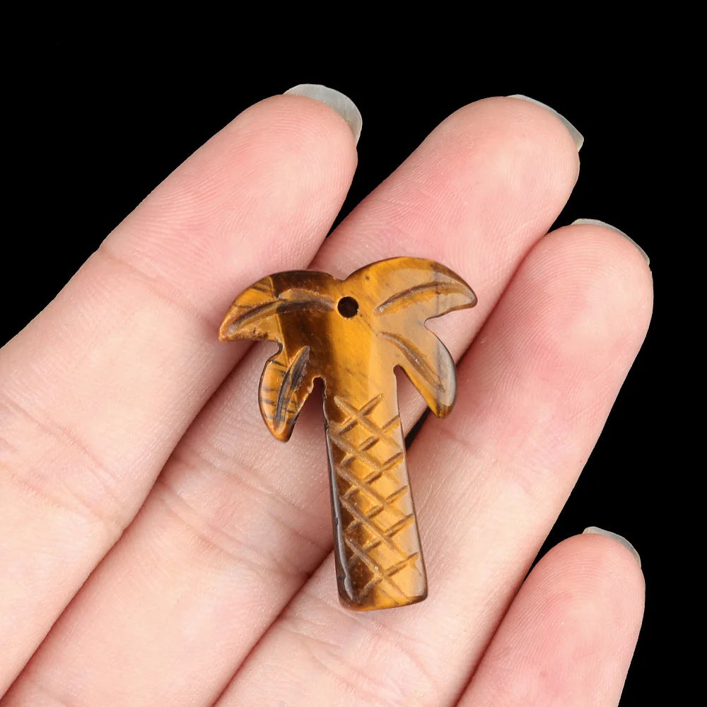 Natural Crystal Coconut Tree Statue – Carved Healing Stone Ornament with Pendant Hole