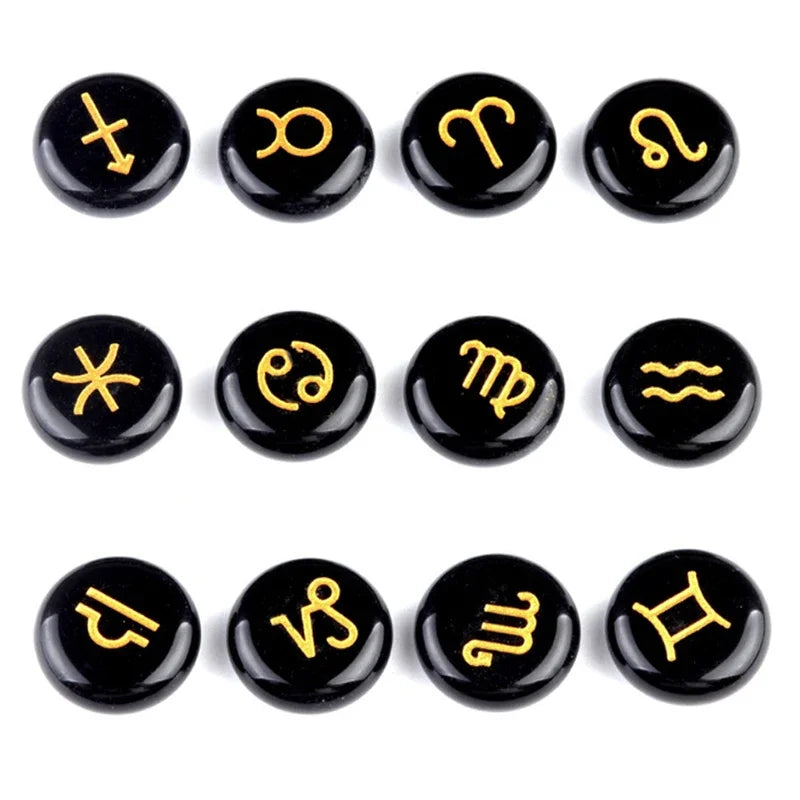 12-Piece Mini Chakra Stones Set – Natural Amethyst, Quartz & Semi-Precious Crystals with Zodiac Symbols